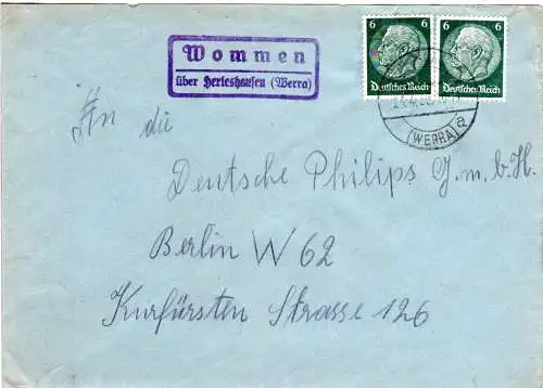 DR 1939, Landpost Stpl. WOMMEN über Herleshausen auf Brief m. 2x6 Pf.