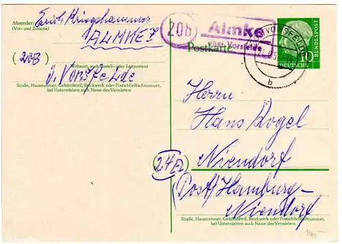 BRD 1957, Landpoststpl. 20b ALMKE über Vorsfelde auf 10 Pf. Ganzsache