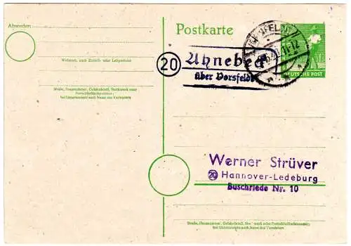 1948, Landpoststpl. 20 AHNEBECK über Vorsfelde auf 10 Pf. Ganzsache.