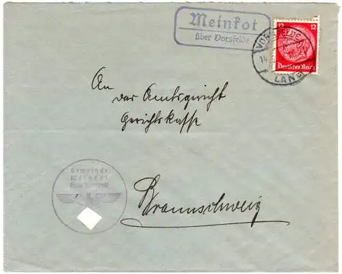 DR 1938, Landpoststpl. MEINKOT über Vorsfelde auf Brief m. 12 Pf.