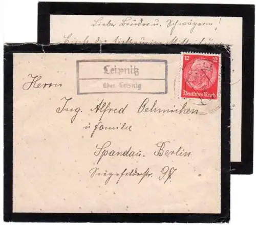 DR 1936, Landpost Stpl. LEIPNITZ über Leisnig auf Trauer-Brief m. Inhalt