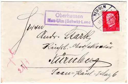 DR 1931, Landpoststpl. OBERHAUSEN Neu-Ulm (Schwb)-Land auf Brief m. 15 Pf