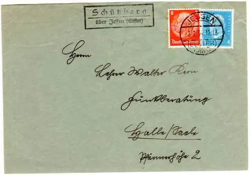 DR 1934, Landpoststpl. SCHÜTZBERG über Jessen auf Briefteil m. 4+8 Pf. 