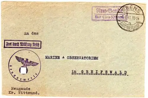 DR 1941, Landpoststpl. NEU-GAUDE über Esens (Ostfriesl) auf Feldpost Briefteil 