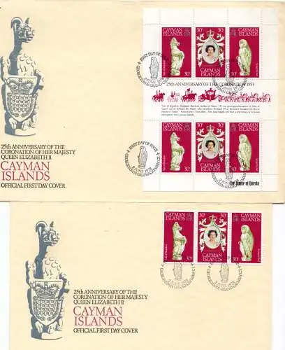 Kaiman Inseln, Queen Elizabeth Krönungsjubiläum, Kleinbogen+Herzstück auf 2 FDC