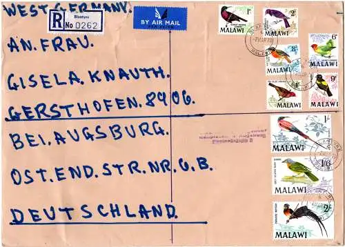 Malawi 1970, 9 Werte Vögel auf Luftpost Einschreiben Brief n. Deutschland