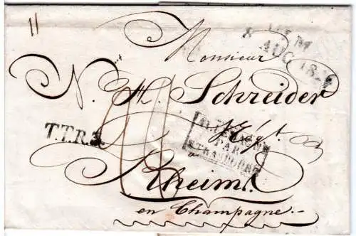 Württemberg 1826, L2 ULM u. 2 Transitstempel auf Porto Brief n. Frankreich