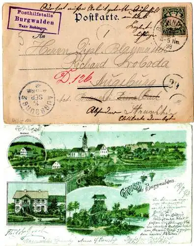 Bayern 1898, Posthilfstelle BURGWALDEN Taxe BOBINGEN auf Litho-AK m. 5 Pf.