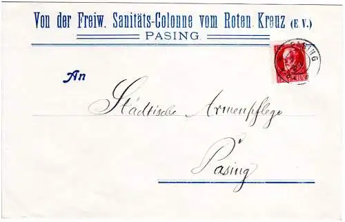 Bayern 1919, 10 Pf. auf Rotes Kreuz Orts-Brief v. Pasing