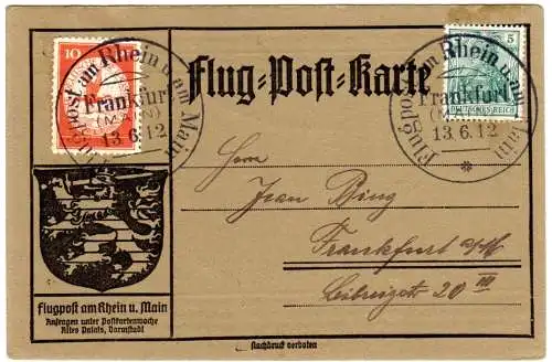 DR 1912, Flugpost am Rhein u. am Main, Karte m. 5 +10 Pf. Luftpost v. Frankfurt