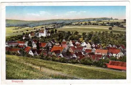 Stuppach, Gesamtansicht, 1932 m. Bahnpost Mannheim-Würzburg gebr. Farb-AK