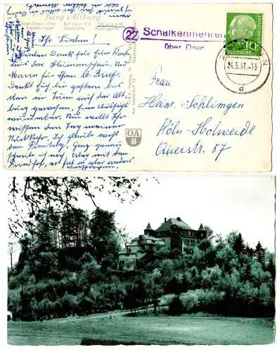 BRD 1957, Landpost Stpl. 22 SCHALKENMEHREN über Daun auf Altburg sw-AK m. 10 Pf.
