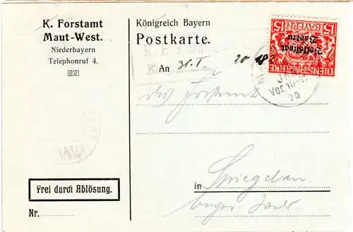 Bayern 1920, 15 Pf. Dienst auf Frei durch Ablösung Karte v. Forstamt Maut