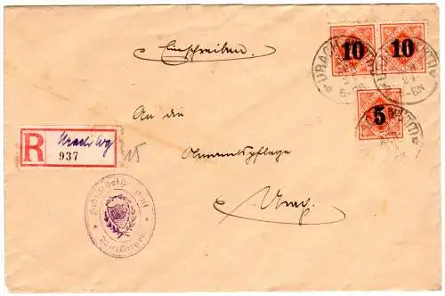 DR 1924, 5+2x10 Pf. Dienst auf Brief v. Wittlingen m. hds. Urach Reko-Zettel