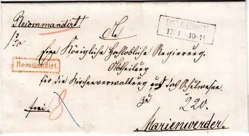 Preussen 1859, R2 DT:CRONE auf Einschreiben-Brief v. Rosenfelde n. Marienwerder