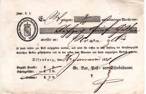 Baden 1871, Offenburg, Postschein m. Wappen, Gr. Bad. Post- und Eisenbahnamt