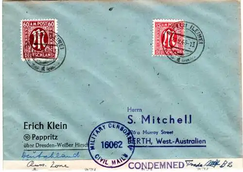 1946, selt. Zensur-L1 CONDEMNED auf Brief m. 60+15 Pf. v. Alfeld n. Australien.