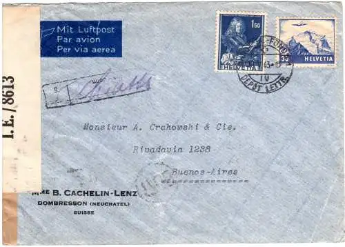 Schweiz 1943, 30 C+1,50 Fr. auf Luftpost Zensur Brief via Chiasso n. Argentinien