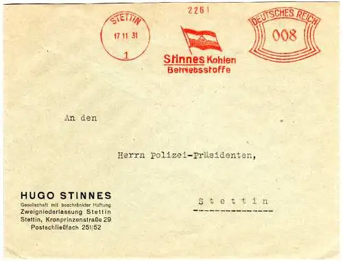 DR 1931, 8 Pf. AFS Stinnes Kohlen Betriebsstoffe auf Orts-Brief v. Stettin