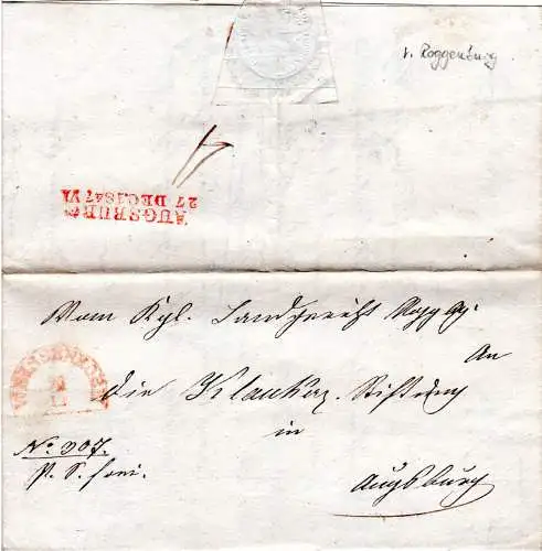 Bayern 1847, roter HKS WEISSENHORN auf Franko Brief v. Roggenburg n. Augsburg