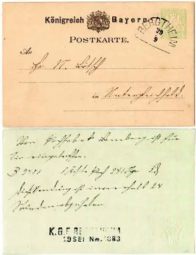 Bayern 1883, BERGTHEIM HKS- u. K.G.E.-L2 auf 3 Pf. Ganzsache