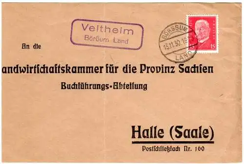 DR 1930, Landpoststempel VELTHEIM Börßum Land auf Briefteil m. 15 Pf.