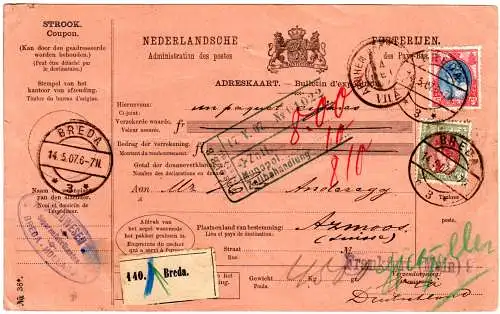 NL 1907, MeF 50+25 C. auf Zigarrenfabrik Paketkarte v. Breda i.d. Schweiz