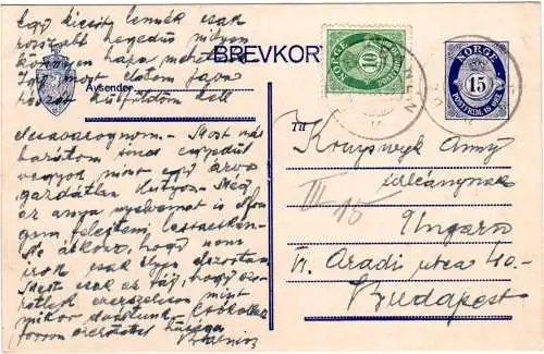 Norwegen 1923, 15 öre Ganzsache m. Zusatzfr. u. Bahnpost v. Trondheim n. Ungarn