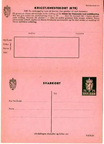 Norwegen, ungebr. Krigstjeneste Doppelkarte Ganzsache m. 75 öre Svarkort