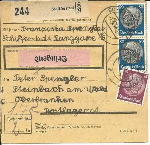 DR 1942, Paar 80+15 Pf. auf Dringend Paketkarte v. Schifferstadt