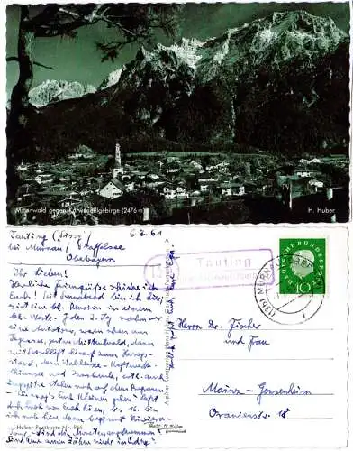 BRD 1961, Landpost Stpl. 13b TAUTING über Murnau auf Mittenwald sw-AK m. 10 Pf