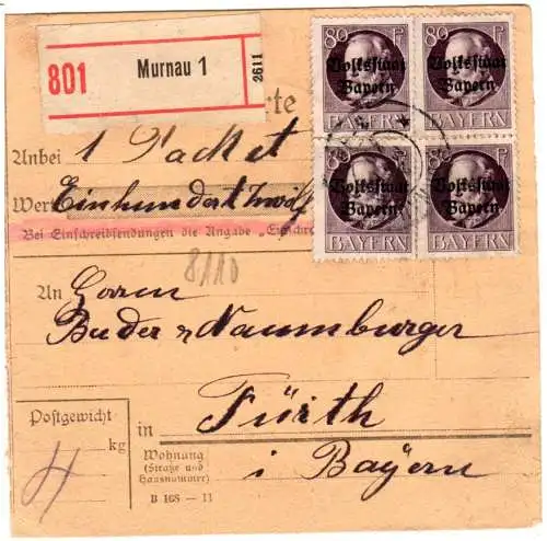 Bayern 1920, 4x80 Pf. Volksstaat +rs. 2x15 Pf. Germania auf Paketkarte v. Murnau