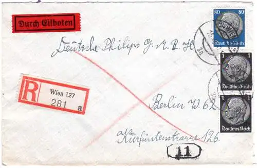 DR 1940, 80+2x1 Pf. auf Ostmark Einschreiben Eilboten Brief v. Wien n. Berlin