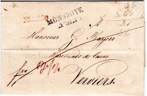 Preussen 1832, L2 MONTJOYE u. roter L1 FRANCO auf Porto Brief n. Belgien