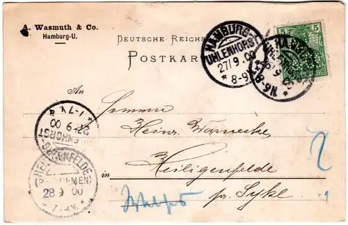 DR 1900, 5 Pf. Germania m. perfin auf Firmen Karte v. Hamburg-Uhlenhorst