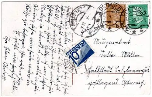 DR 1929, 3+8 Pf. auf Karte v. Detmold n. Hallstadt m. Österreich 10 Gr. Porto