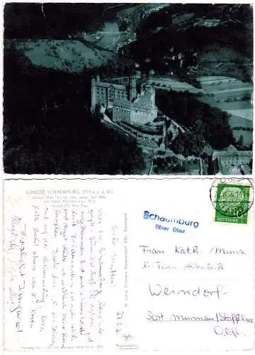 BRD 1956, Landpost Stpl. SCHAUMBURG über Diez auf sw-AK m. 10 Pf.