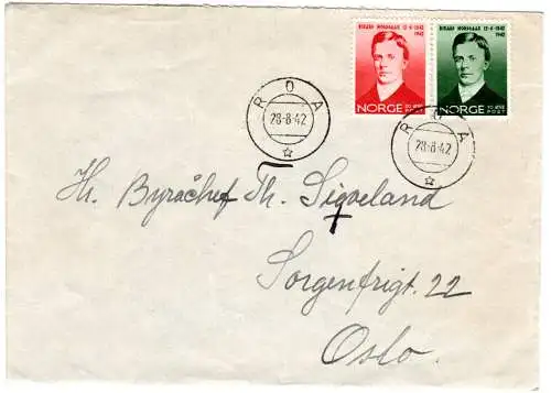 Norwegen 1942, 10+20 öre R. Nordraak auf Brief v. ROA n. Oslo