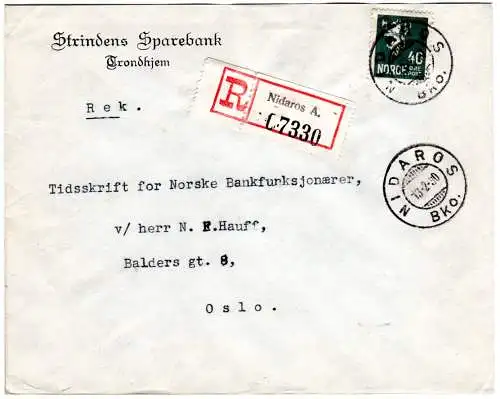 Norwegen 1930, 40 öre auf Trondheim Bank-Brief m. Stpl. NIDAROS Bko.