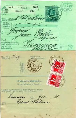 Österreich 1908, Krain-K2 SCHEROUNITZ ZIROVNICA auf Paketkarte m. 2x4 H. Porto. 