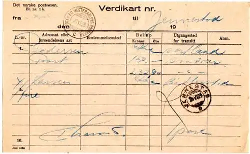 Norwegen 1925, Schiffspoststpl. LOFOTEN OG VESTERAALENS POTEKSP C auf Postschein