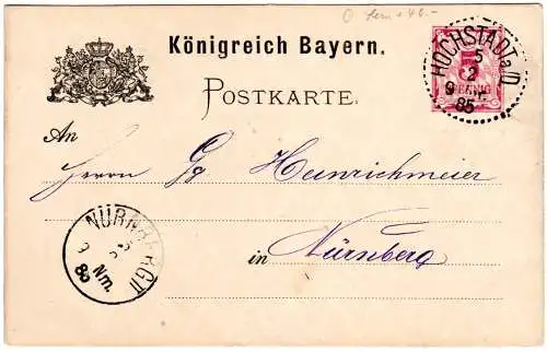 Bayern 1885, Punktstempel HÖCHSTADT a/D. klar auf 5 Pf. Ganzsache