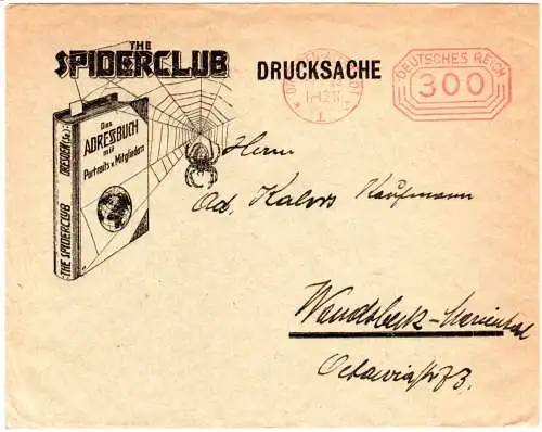 DR 1923, 300 Mk. AFS auf illustriertem Spiderclub Umschlag v. Dresden i.d. CSSR