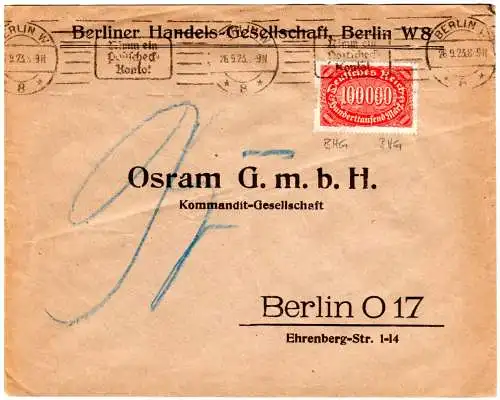 DR 1923, 100T. Mk. m. perfins auf Firmen Orts-Brief v. Berlin