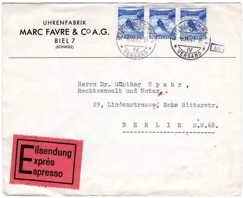 Schweiz 1941, MeF 3x30 C. auf Eilboten Zensur Brief v. Biel (Bienne) n. Berlin