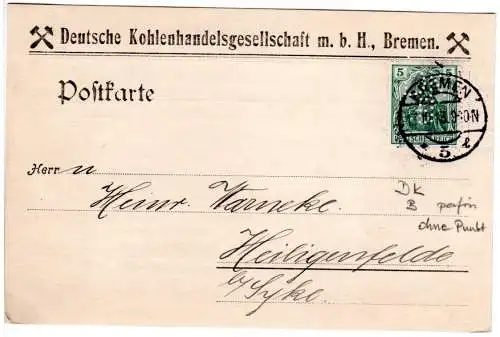 DR 1913, 5 Pf. Germania m. perfin Firmenlochung auf Karte v. Bremen 