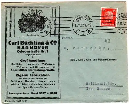 DR 1927, 15 Pf. m. perfin Firmenlochung auf Brief v. Hannover