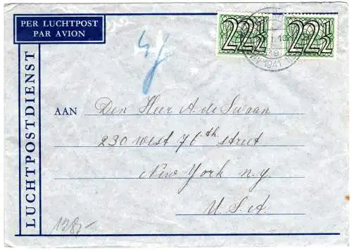 NL 1941, MeF 2x 22 1/2 C. auf Luftpost Zensur Brief v. Amsterdam i.d. USA