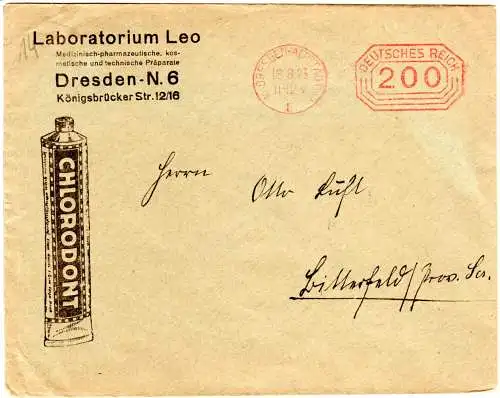 DR 1923, 200 Mk. Post-Freistempel auf Leo Chlorodont Reklame Umschlag v. Dresden