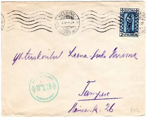 Finnland, 2 1/2 Mk. auf FDC v. Helsinki m. Cachet PARADPOST 16.5.38